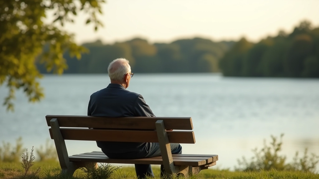 Senjoras sėdi suole prie ežero, nusiraminęs po dviračio žygio, žvelgia į toli į vandenį, ramios emocijos
