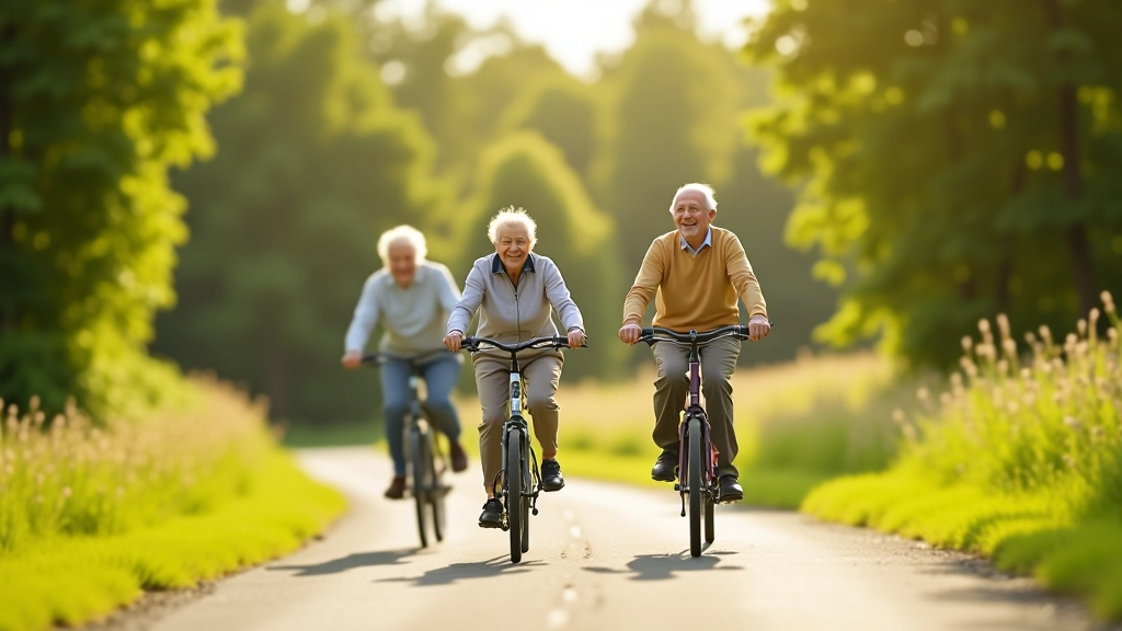 Seniorų grupė važiuoja dviračiais drauge, saugi aplinka, saulėtas oras